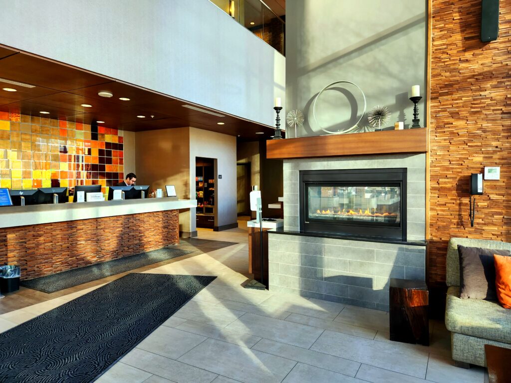 Hilton Garden Inn lobby with fireplace
